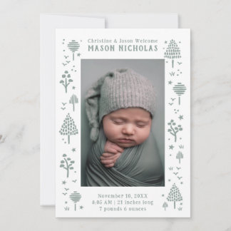 Sage Green Woodlands Photo Birth Announcement