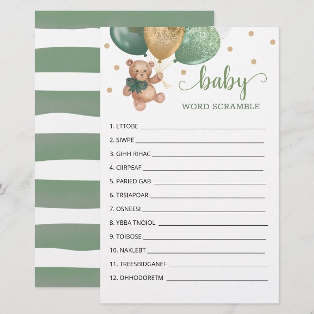 Sage Green Word Scramble Game Teddy Bear  (Front/Back)
