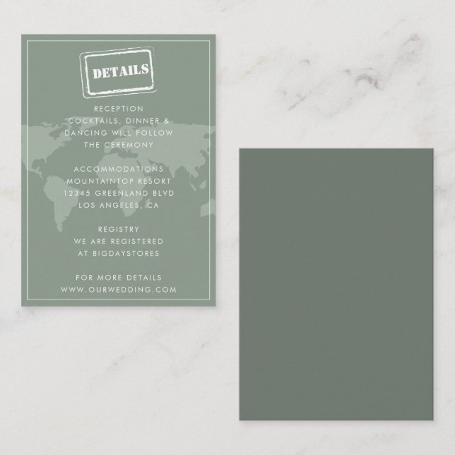 Sage Green World Map Destination Wedding Details Enclosure Card (Front/Back)