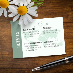 Sage Green World Map Destination Wedding  Enclosure Card