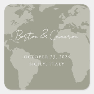 Sage Green World Map Destination Wedding Favour Square Sticker
