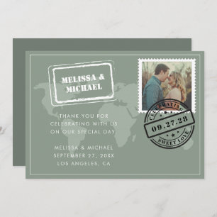 Sage Green World Map Destination Wedding Photo Thank You Card