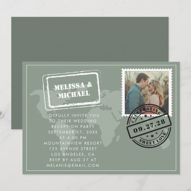 Sage Green World Map Destination Wedding Reception Invitation (Front/Back)