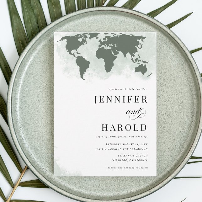 Sage Green World Map QR Code Destination Wedding Invitation (Creator Uploaded)