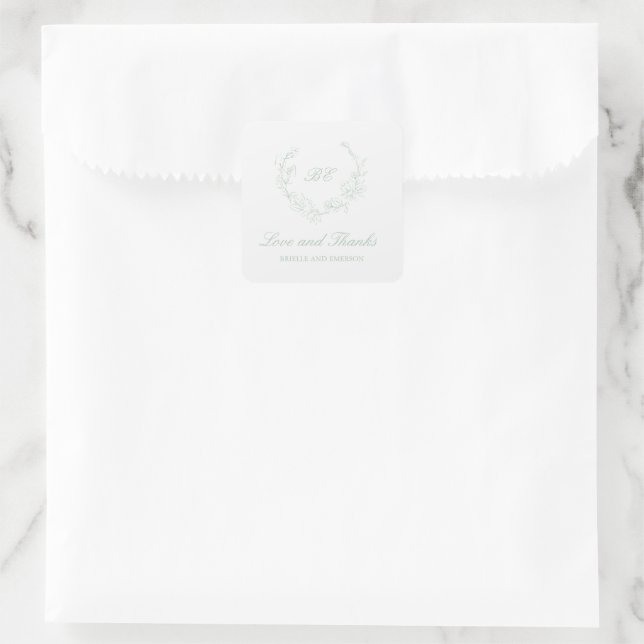 Sage Green Wreath Monogram Elegant Wedding Square Sticker (Bag)