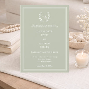 Sage green wreath monogram simple wedding invitation