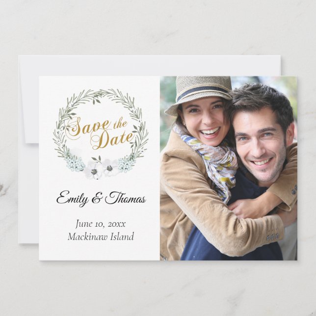 Sage Green Wreath Photo Save the Date (Front)