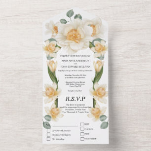 Sage green yellow daffodil spring flower wedding all in one invitation