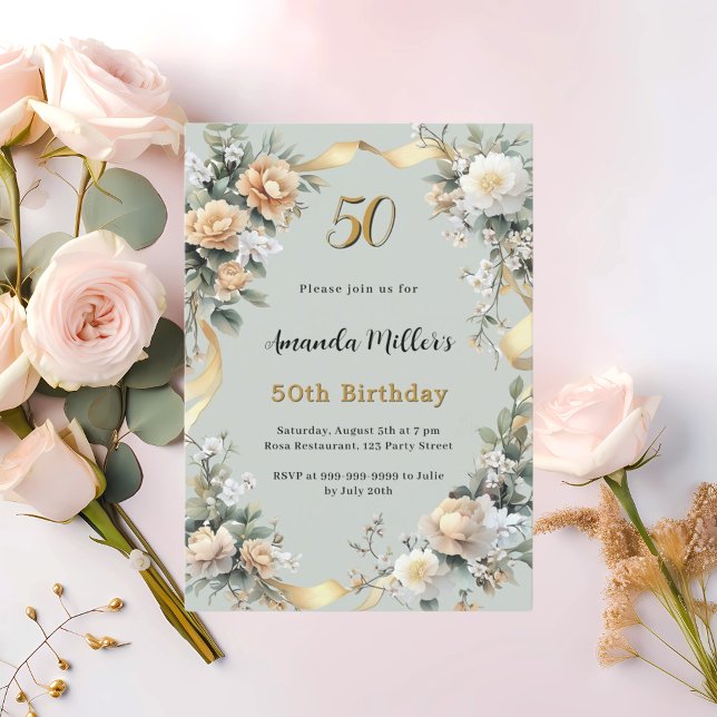 Sage green yellow florals gold birthday invitation (Creator Uploaded)
