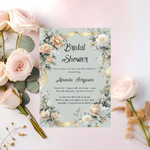 Sage green yellow florals gold Bridal Shower Invitation