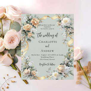 Sage green yellow florals gold wedding invitation