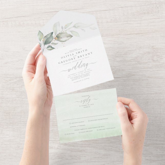 Sage Greenery and Gold Leaves Elegant Wedding All In One Invitation (Tearaway)