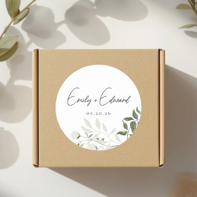 Sage Greenery and White Floral Wedding Envelope Classic Round Sticker (Creator Uploaded)