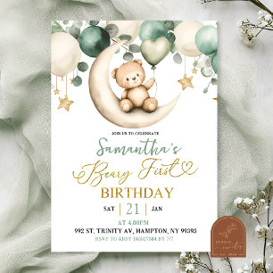 Sage Greenery Beary First Birthday Invitation