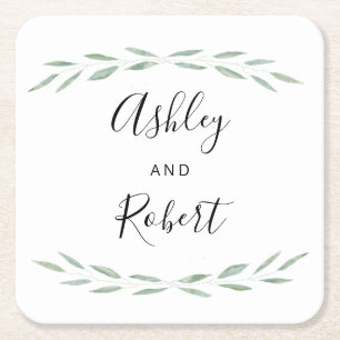 Sage Greenery Botanical Coaster, Wedding  Square Paper Coaster