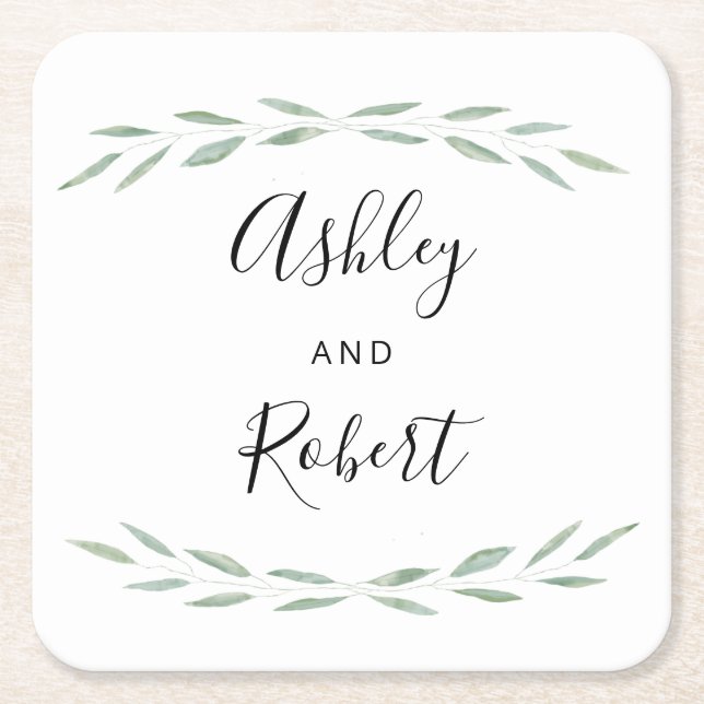 Sage Greenery Botanical Coaster, Wedding  Square Paper Coaster (Front)