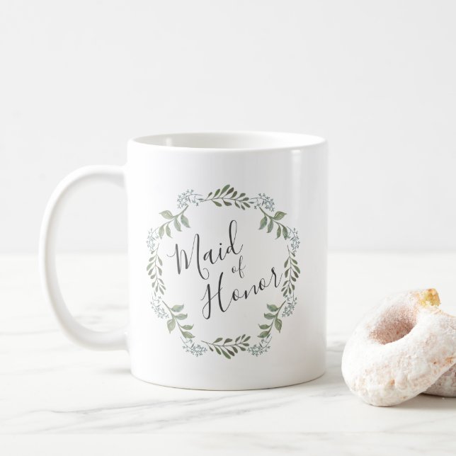 Sage Greenery Botanical Wreath Maid of Honour Coffee Mug (With Donut)