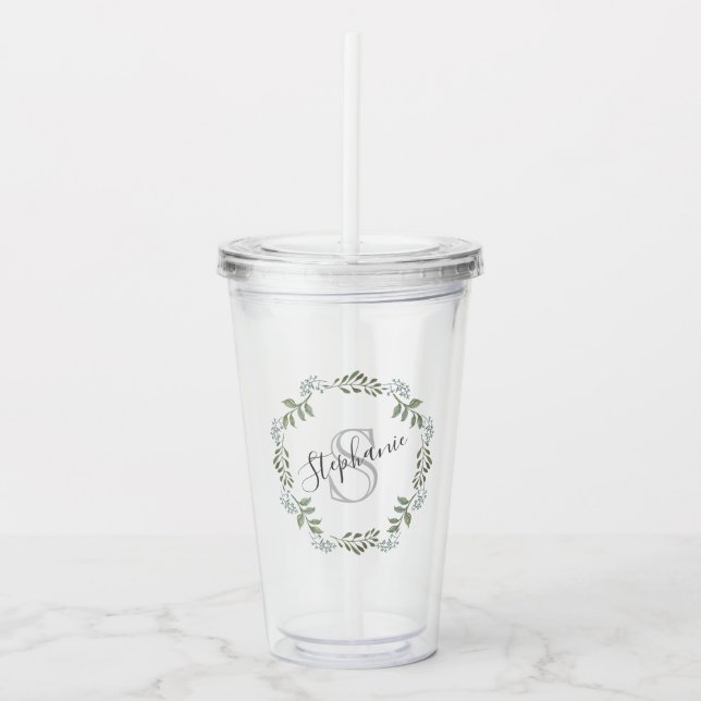 Sage Greenery Botanical Wreath Monogram Acrylic Tumbler (Front)