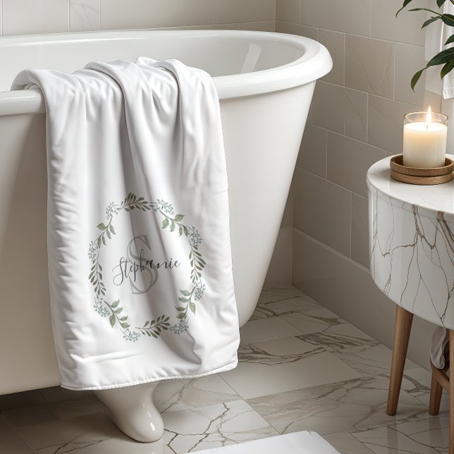Sage Greenery Botanical Wreath Monogram Bath Towel (Creator Uploaded)