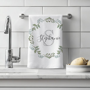 Sage Greenery Botanical Wreath Monogram Hand Towel