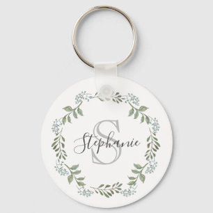 Sage Greenery Botanical Wreath Monogram Keychain