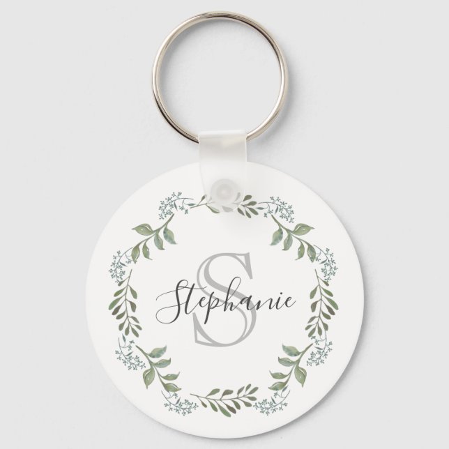 Sage Greenery Botanical Wreath Monogram Keychain (Front)