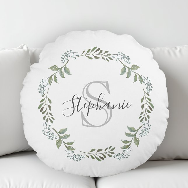 Sage Greenery Botanical Wreath Monogram Round Pillow (Creator Uploaded)