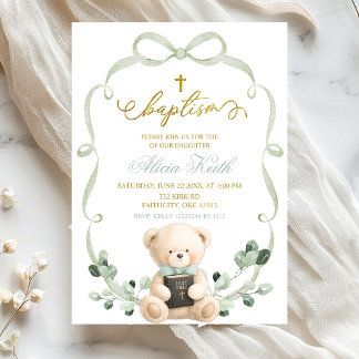 Sage Greenery Bow Coquette Bear Baptism Invitation