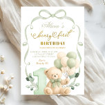 Sage Greenery Bow Coquette Beary First Birthday Invitation<br><div class="desc">Sage Greenery Bow Coquette Beary First Birthday Invite , Teddy Bear Birthday Invitation,  Editable Floral butterfly First Birthday</div>