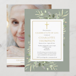Sage Greenery Christian Celebration of Life Photo Invitation