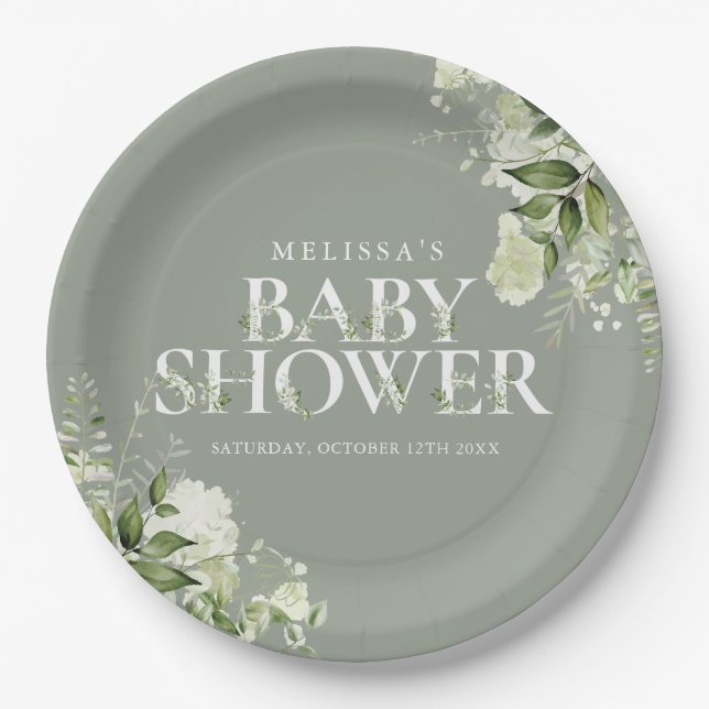 Sage Greenery Floral Gender Neutral Baby Shower Paper Plate (Front)
