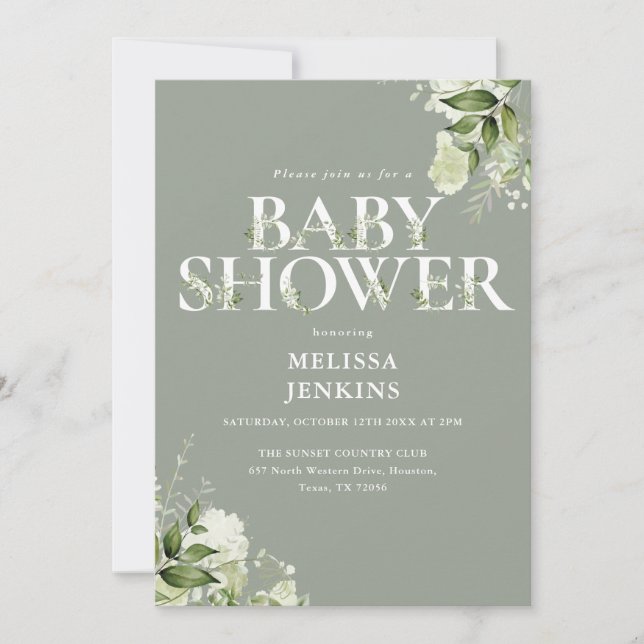 Sage Greenery Floral QR Code Baby Shower Invitation (Front)