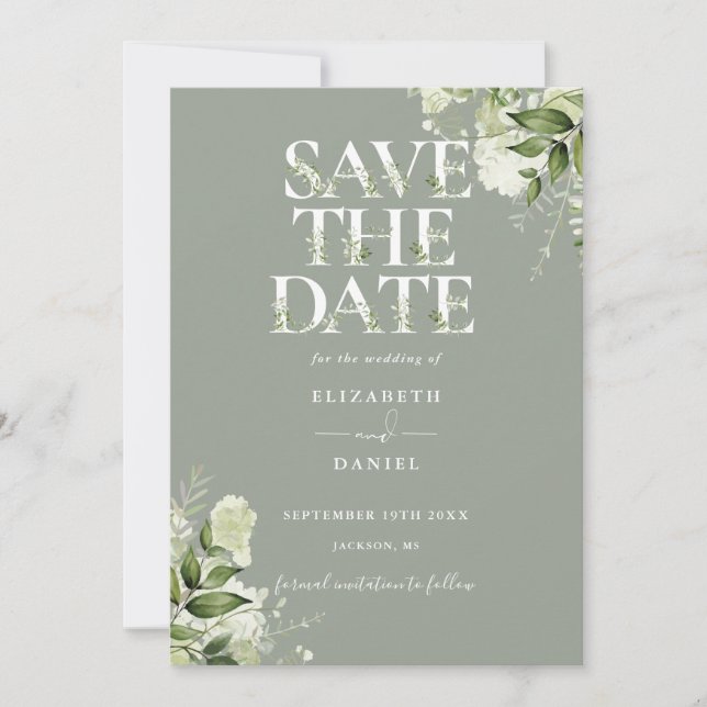 Sage Greenery Floral Typography QR Code Wedding Save The Date (Front)