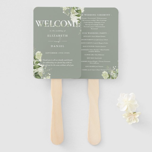 Sage Greenery Floral Typography Wedding Program Hand Fan (Front and Back)