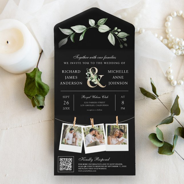 Sage Greenery Gold Ampersand QR Code Black Wedding All In One Invitation (Creator Uploaded)