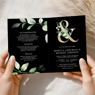 Sage Greenery Gold Ampersand QR Code Black Wedding Invitation