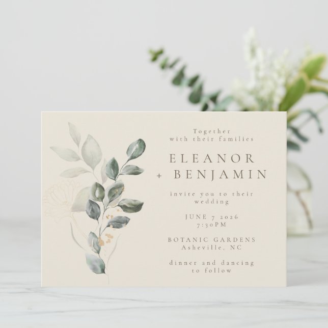 Sage Greenery Gold Botanical Modern Wedding Invitation (Standing Front)