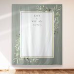 Sage Greenery Gold Wedding Photo Booth Backdrop Tapestry<br><div class="desc">Featuring delicate watercolor leaves on a sage green background,  this chic botanical wedding photo booth backdrop can be personalized with your names and special date. Designed by Thisisnotme©</div>