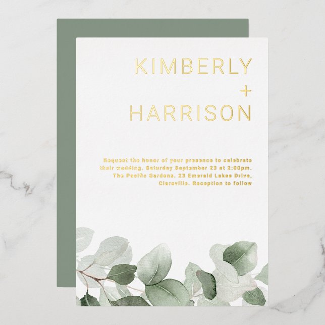 Sage Greenery Leaves Modern Wedding Golden (Front/Back)