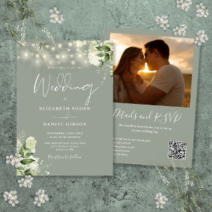 Sage Greenery String Lights QR Code Photo Wedding Invitation