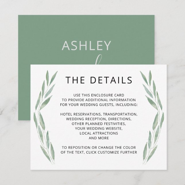 Sage Greenery Wedding Details Card, Botanical Enclosure Card (Front/Back)