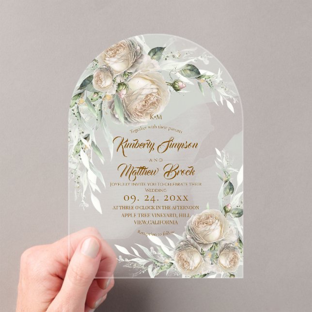 Sage Greenery White Rose Wedding Acrylic Invitations (Insitu (Handheld))