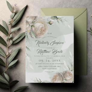 Sage Greenery White Rose Wedding Invitation