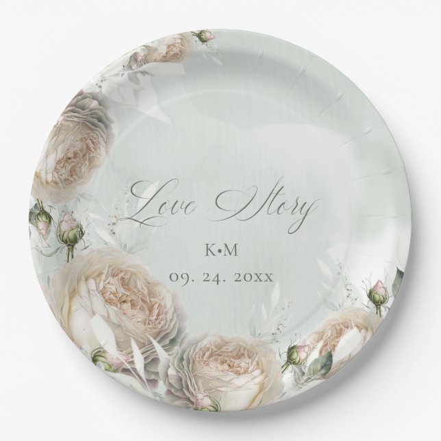 Sage Greenery White Rose Wedding Paper Plate (Front)