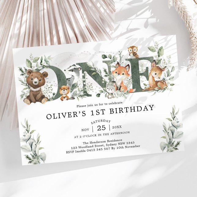 Sage Greenery Woodland Animals 1st First Birthday Invitation (Creator Uploaded)