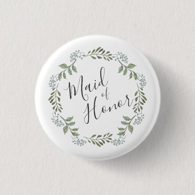 Sage Greenery Wreath Maid of Honour 1 Inch Round Button (Front)