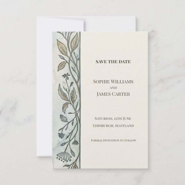 Sage Grey Botanical Save The Date Card (Front)