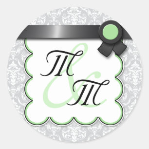 Sage & Grey Damask Stickers Double Monogramme