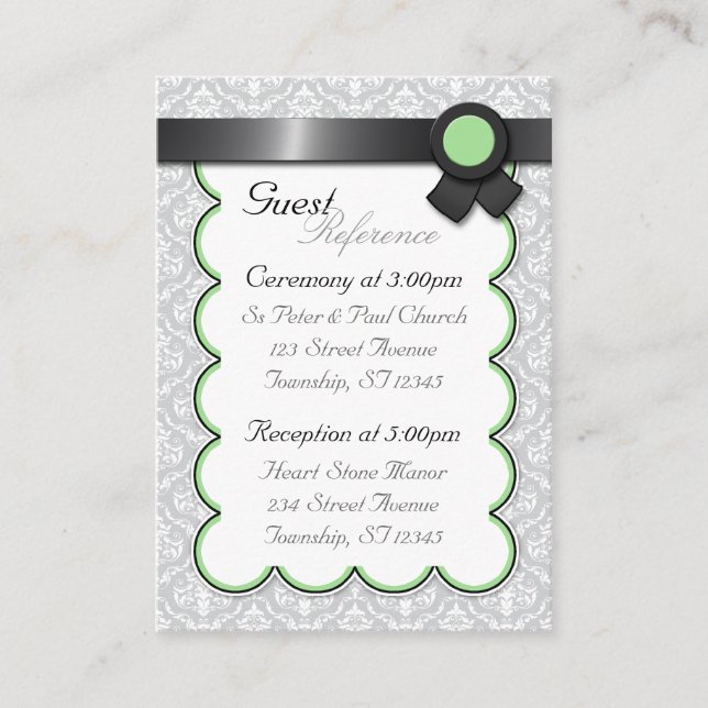 Sage & Grey Damask Wedding Guest Reference Cards (Front)