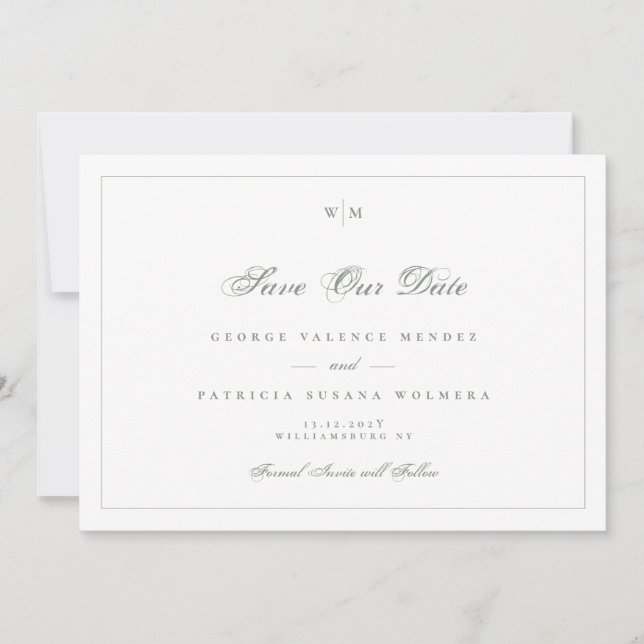Sage Grey Frame Monogram Classic Photo Wedding Save The Date (Front)